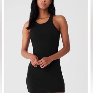 Alo Sleeveless Black Ribbed Tank Dress in rich brown.